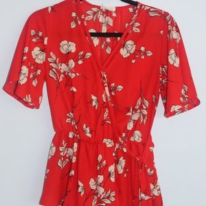 Cross Tie Red floral Blouse